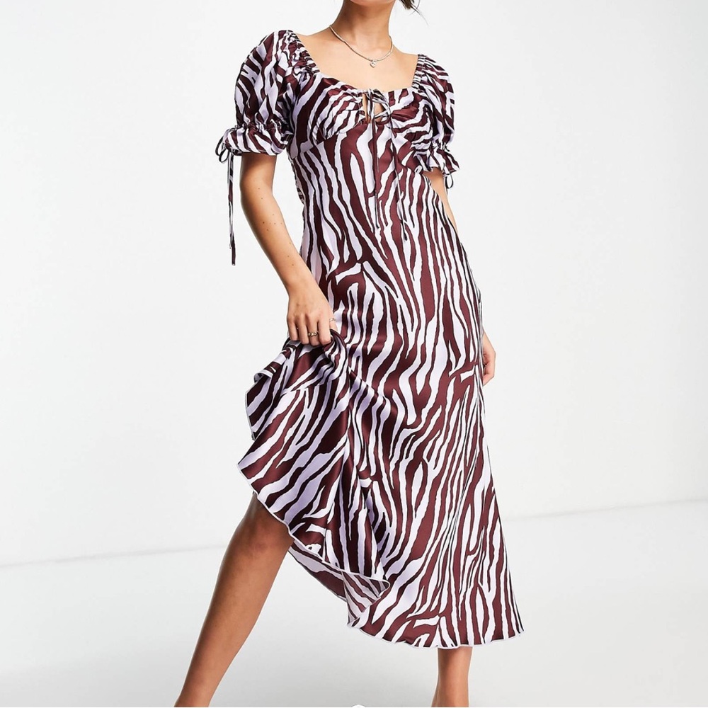 ASOS Design Satin Midi Tea Dress With Tie Front in Wine Zebra Print